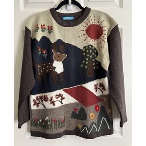 COTTON COLLECTION Wool Blend Reindeer Appliqué Embroidered Sweater